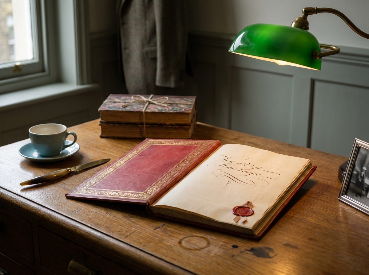 A close-up of the Trust's red-bound 1984 trust deed open on a wooden desk, with a reading lamp.