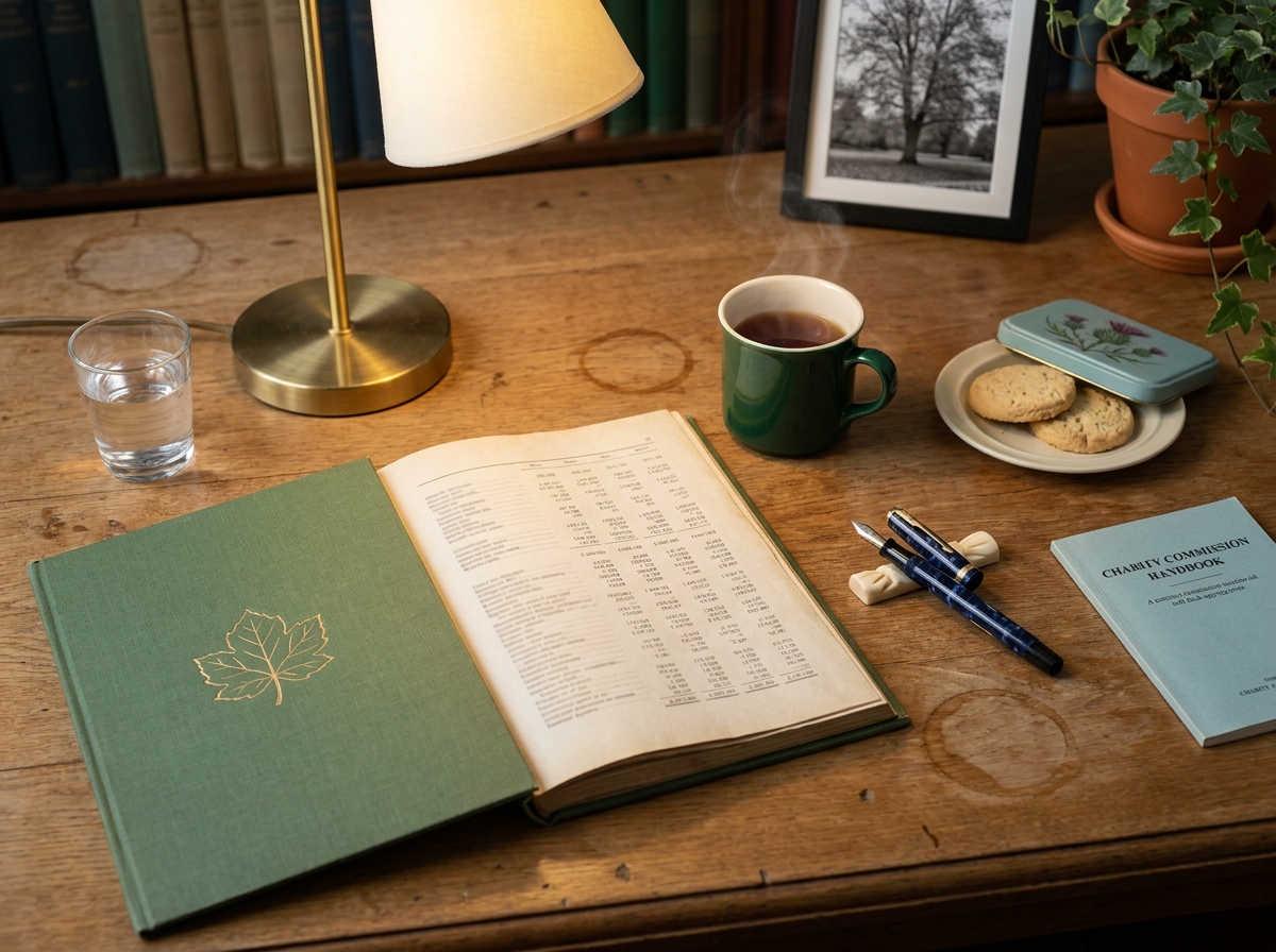A close-up of the Trust's annual accounts file on a wooden desk, with a fountain pen, a tin of biscuits and the Charity Commission's blue handbook.