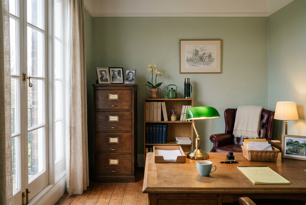 The interior of the Trust offices at Hockerills, with a wooden filing cabinet, framed black-and-white photographs and a small kettle on a side table.