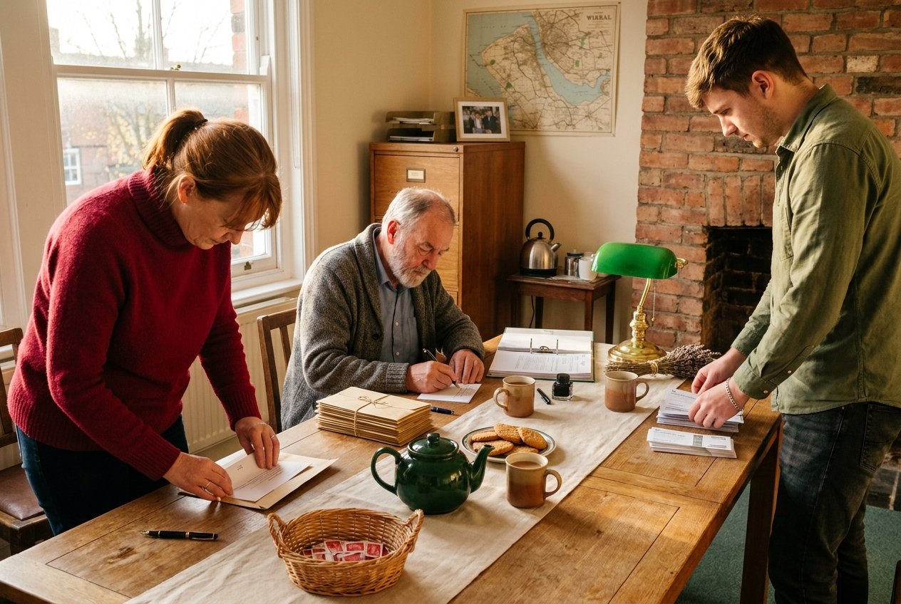 Volunteers packing winter fuel grant envelopes at a long table in the Trust's offices, golden November light through the windows.