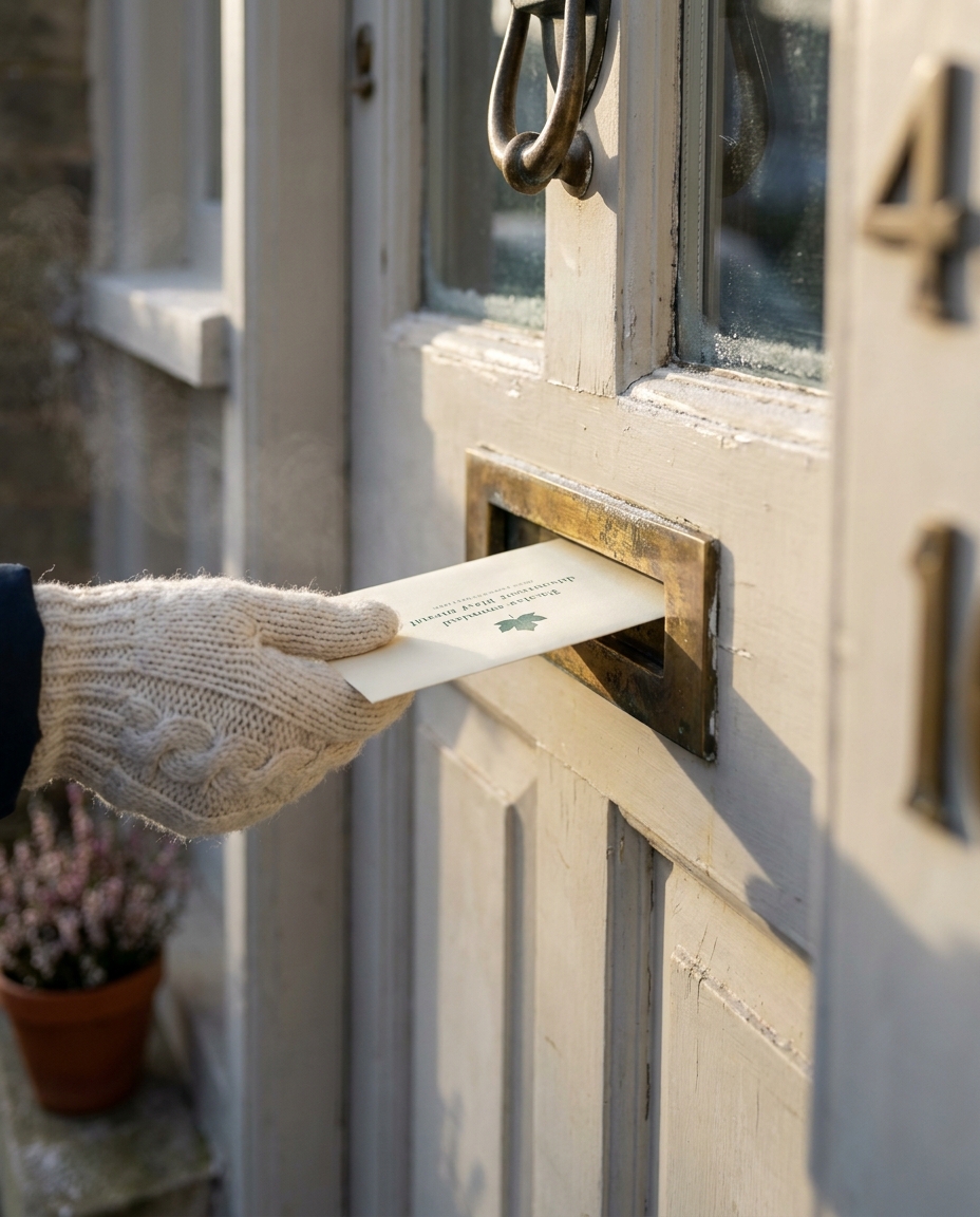 A hand placing an envelope marked 'Heating & Warmth Aid grant' through a Victorian letterbox on a frosty November morning.