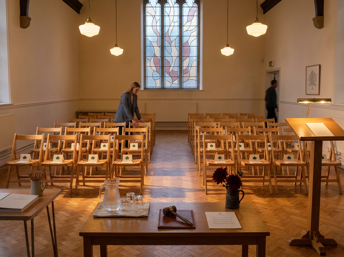 A row of folding wooden chairs at St Peter & St Paul's, Eastham for the Trust's AGM.