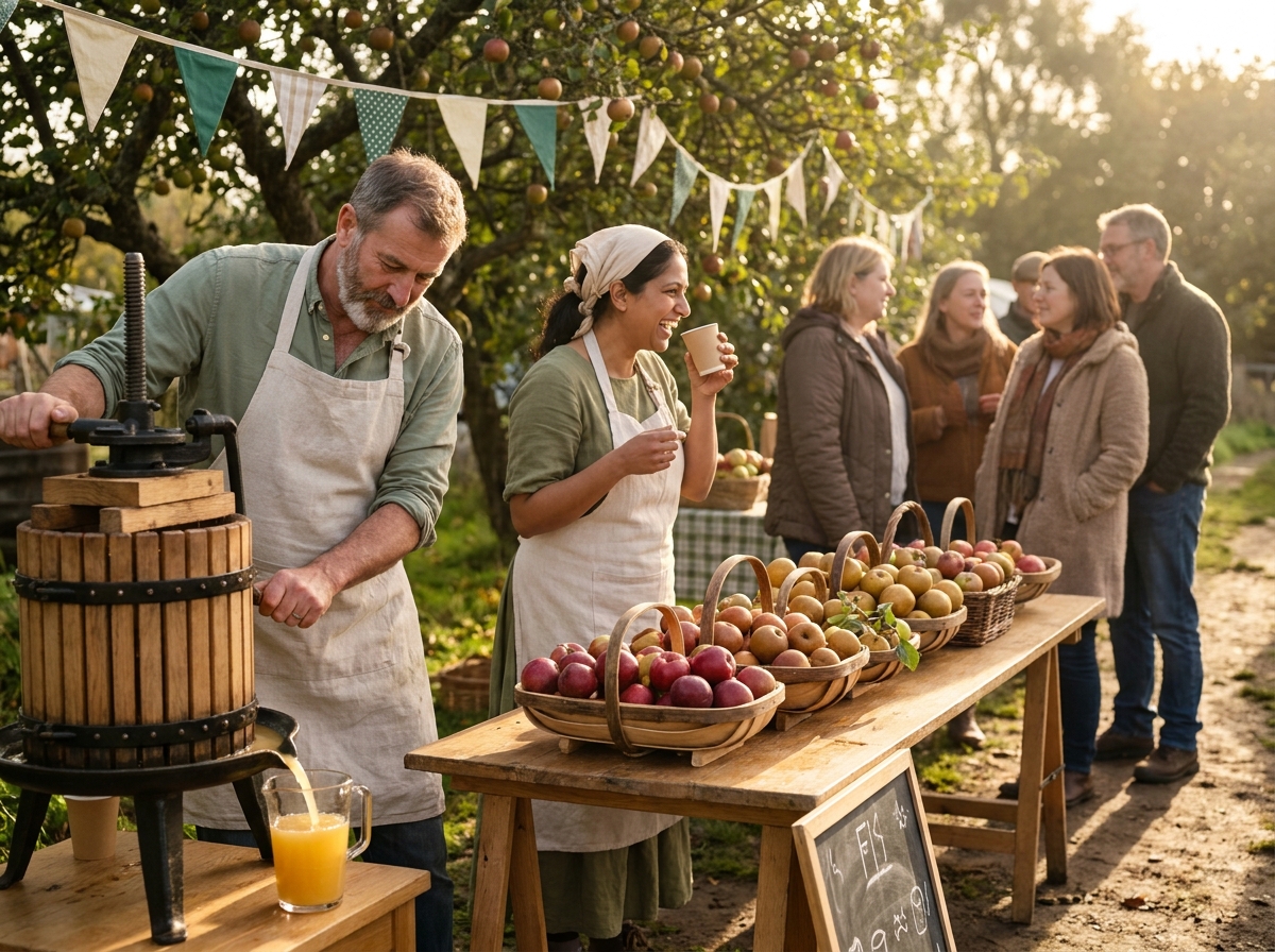 The Trust allotment on Apple Day — wooden cider press, baskets of apples, two volunteers in cream aprons.