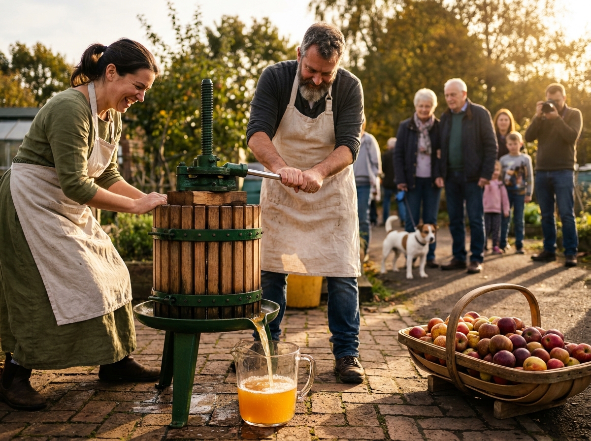 Volunteers at a wooden cider press at an autumn parish gathering near Tenbury Wells.