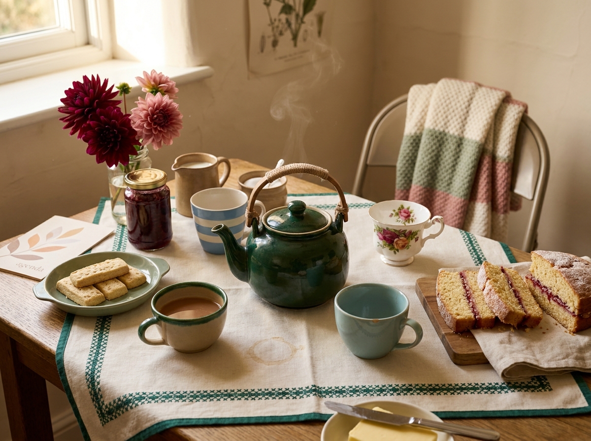 A round table in a sunny tea-room with cups, scones and a small notebook.