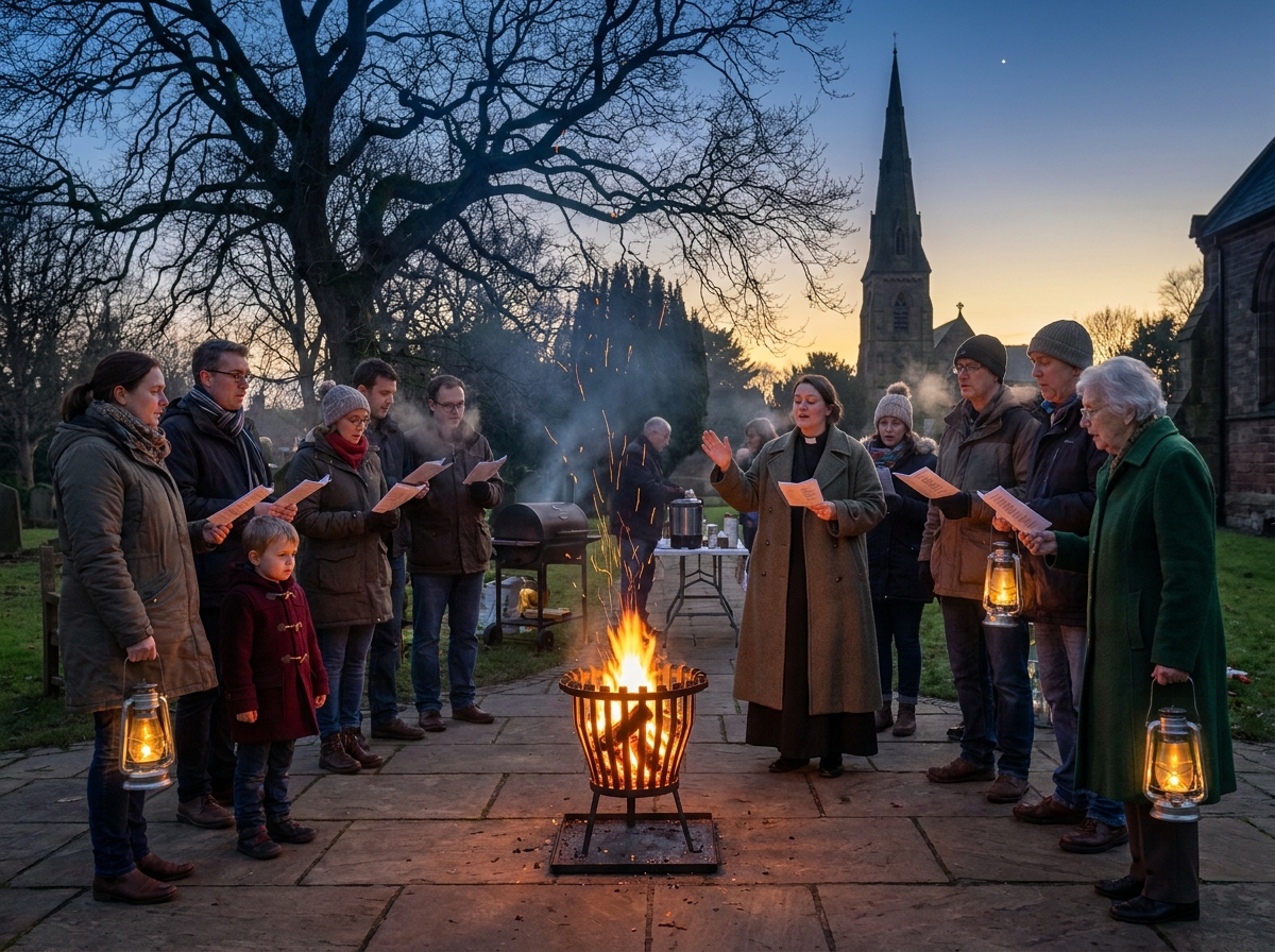 A lantern-lit churchyard with carol singers gathered around a brazier.