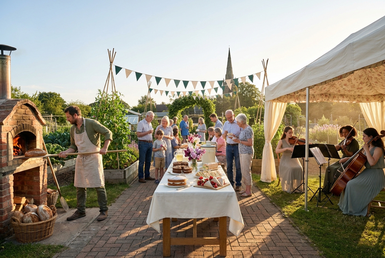 A wide view of the allotment in late June — bunting, two long trestle tables, broad-bean flowers and a small string quartet.