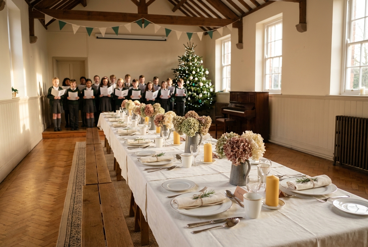 A long trestle table dressed in cream linen with rosemary sprigs at the parish hall.