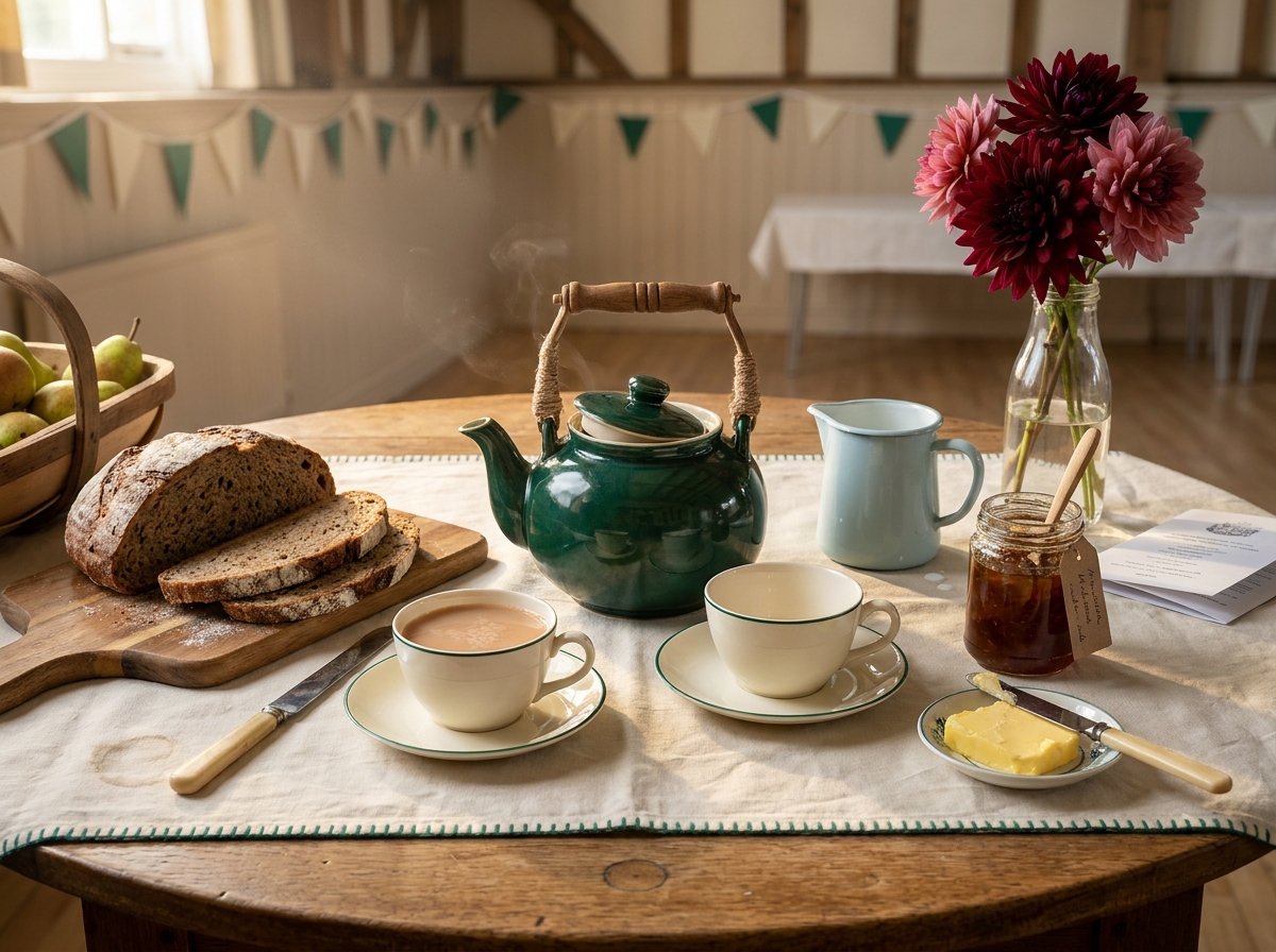 A 'Welcome Back to the Practical Recovery Aid programme' breakfast — tea, toast, marmalade and a small bunch of dahlias.