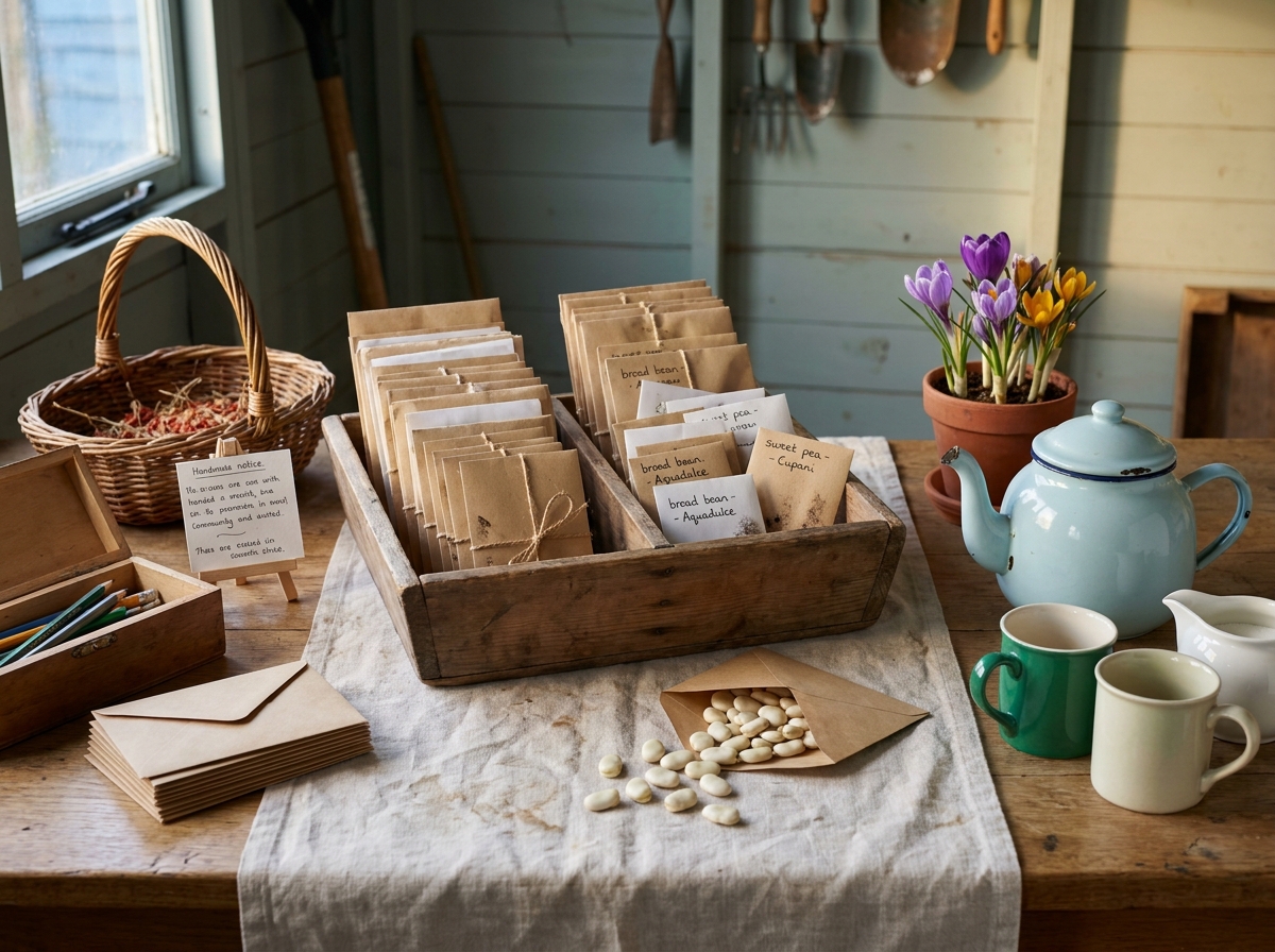 A long table covered with envelopes of seeds at the spring seed swap, with a small notice board behind.