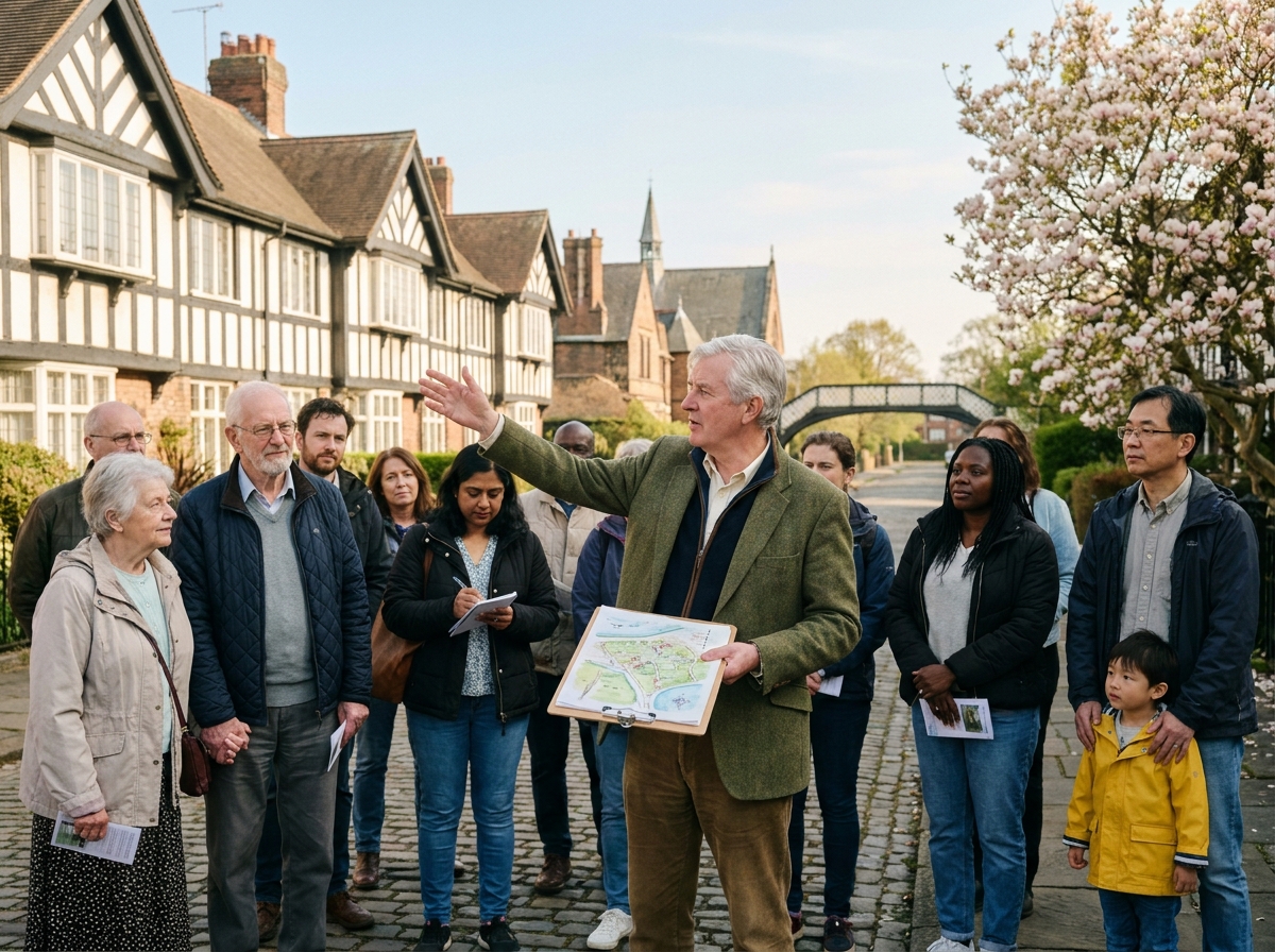 A guided heritage walking tour group on a the parish village cobbled street.