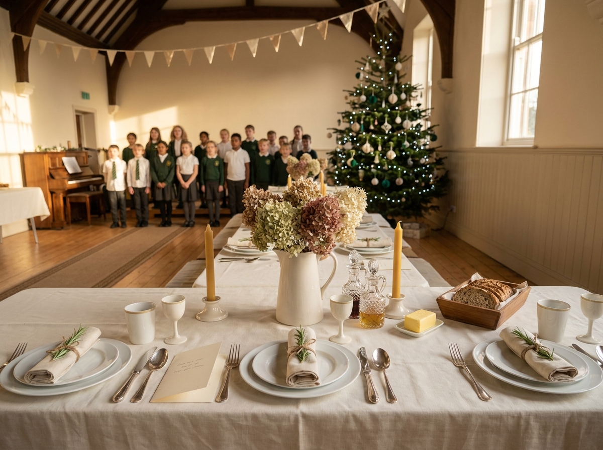 A long trestle table dressed in cream linen and sprigs of rosemary set for the parish winter lunch.