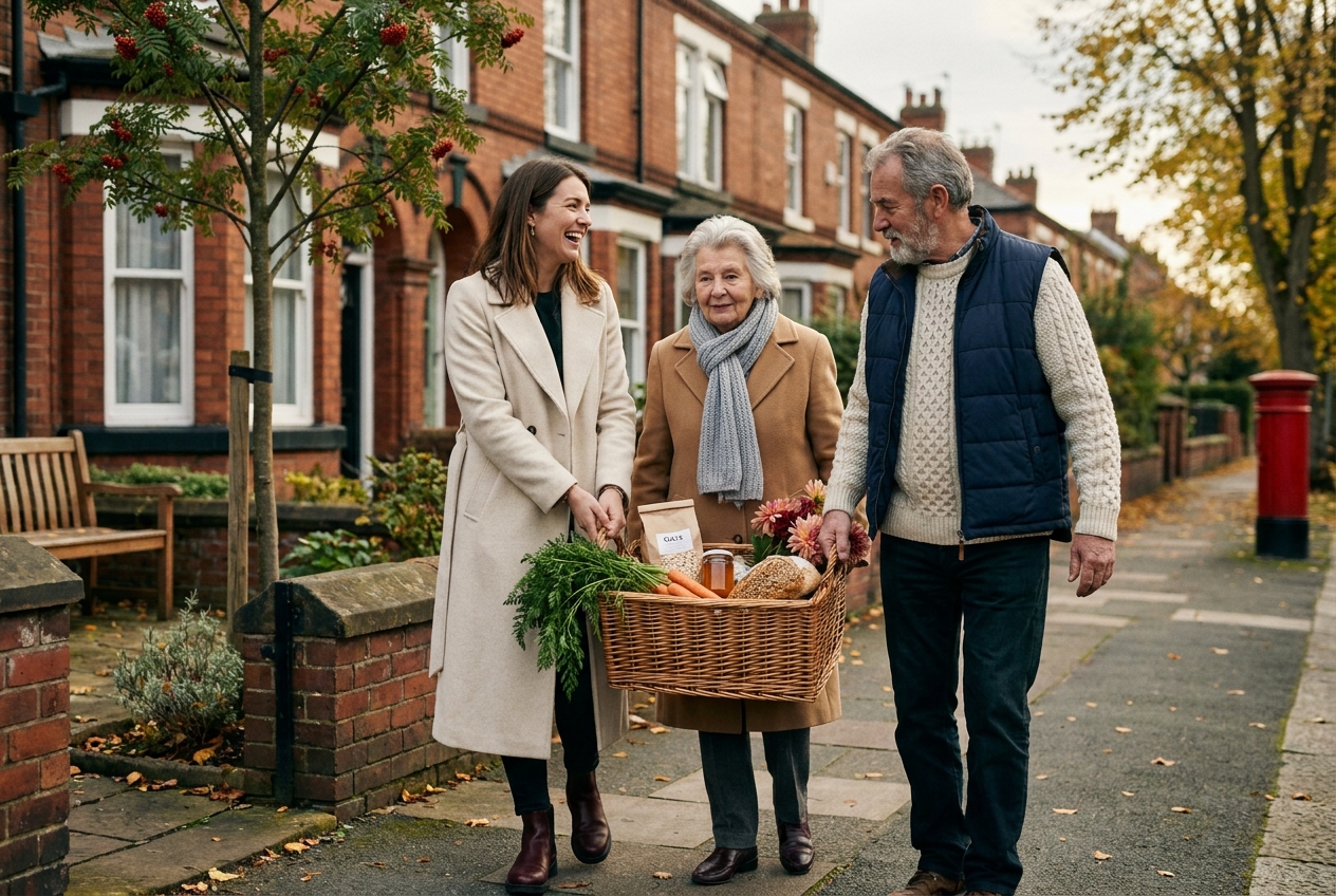 Two volunteers helping an older neighbour carry a hamper from the Trust pantry on a bright autumn morning in Eastham.