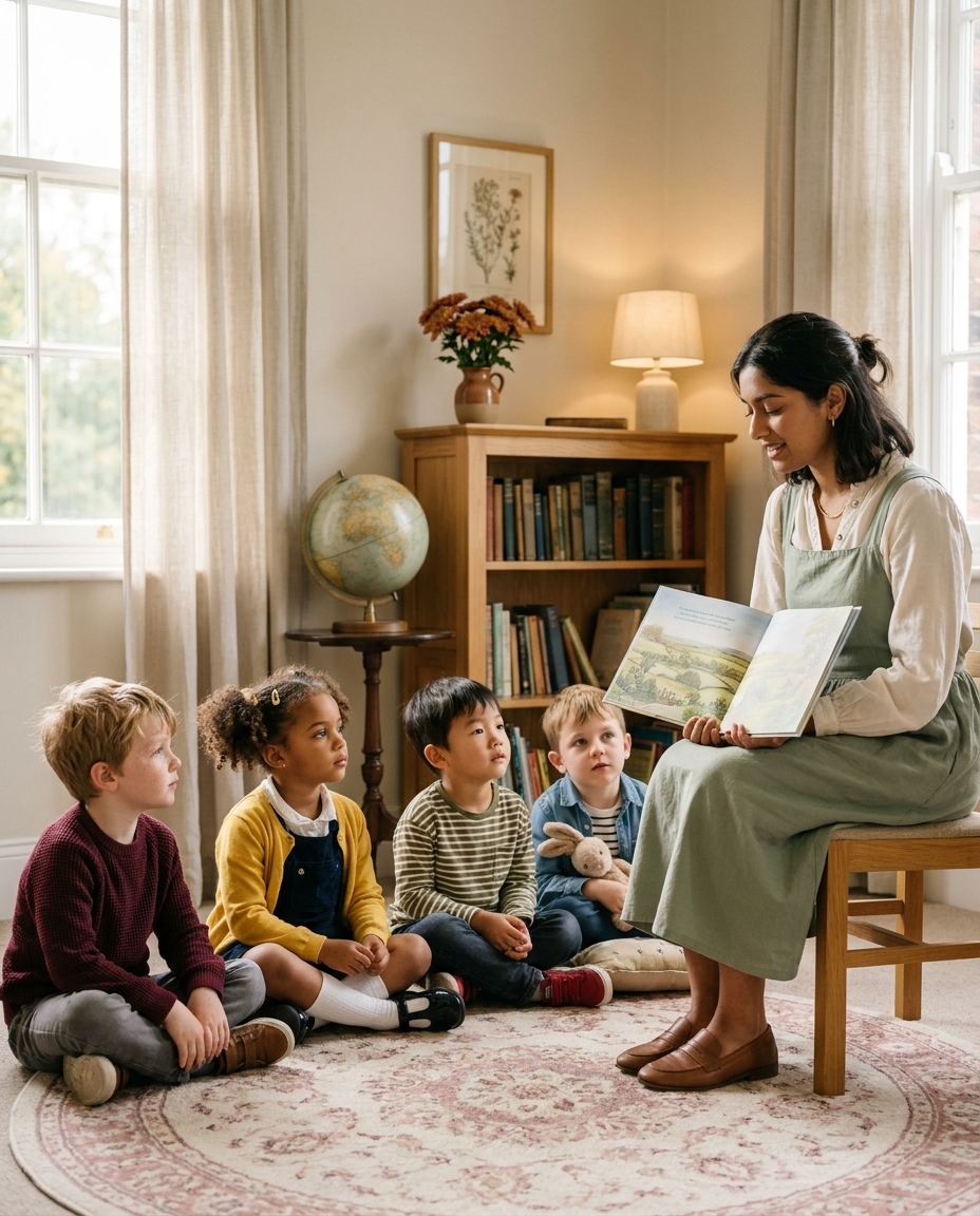 A young Trust volunteer reading aloud to a small group of children in the village hall reading room.