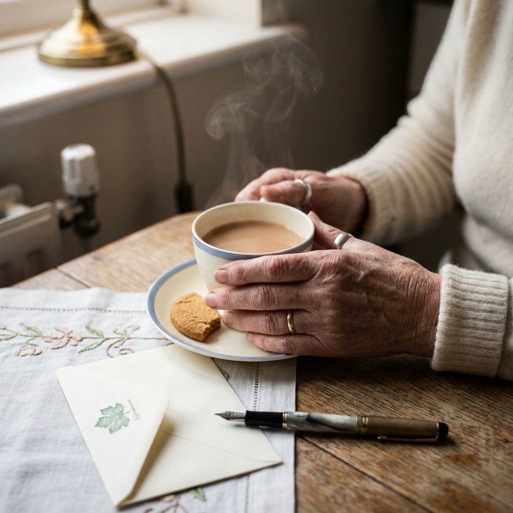Watercolour-style photograph of an older woman's hands holding a mug of tea on a wooden table.
