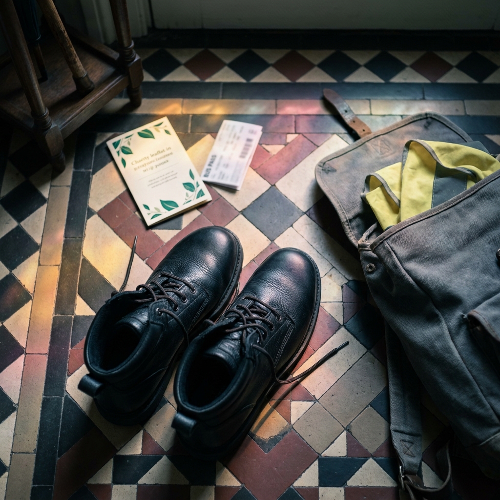 A pair of new safety boots beside an apprentice's grey backpack on a tiled hallway floor.