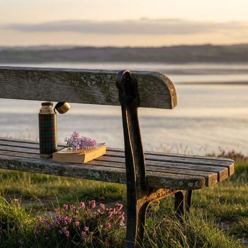 An empty bench at the parish common looking out over the Teme, with a thermos and a paperback on it.