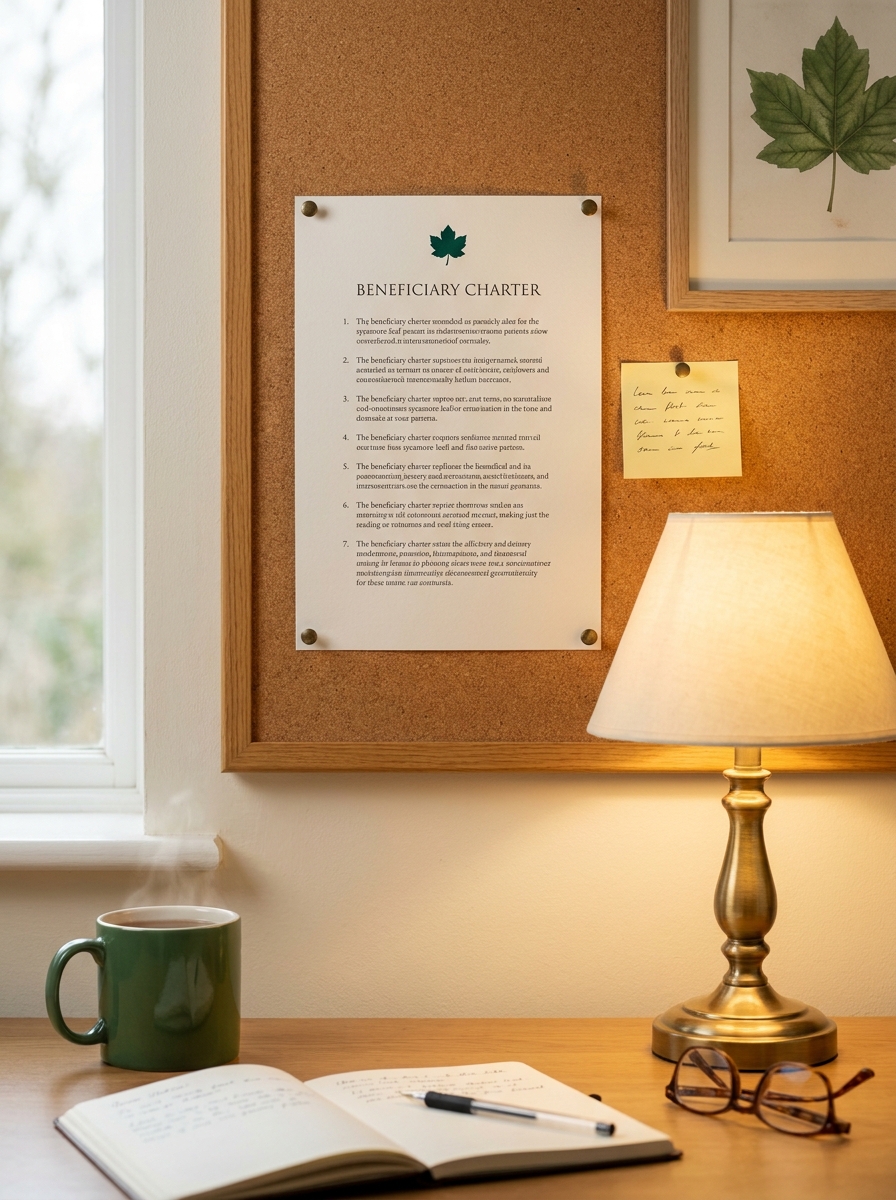 The Beneficiary Charter pinned to a noticeboard above a Trust caseworker's desk, with a desk lamp and tea.