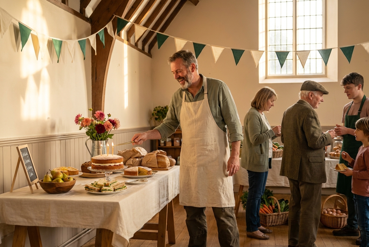 The the Practical Recovery Aid programme interior on its third birthday — bunting, a chalk sign, and a long table of cake and tea.