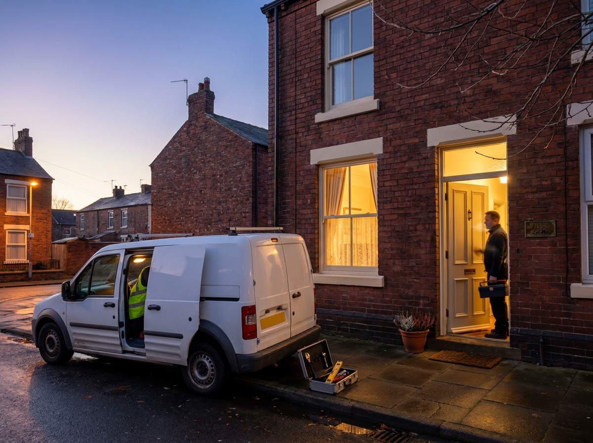 A view of a heating engineer's van outside a Tenbury terrace at dusk in November.