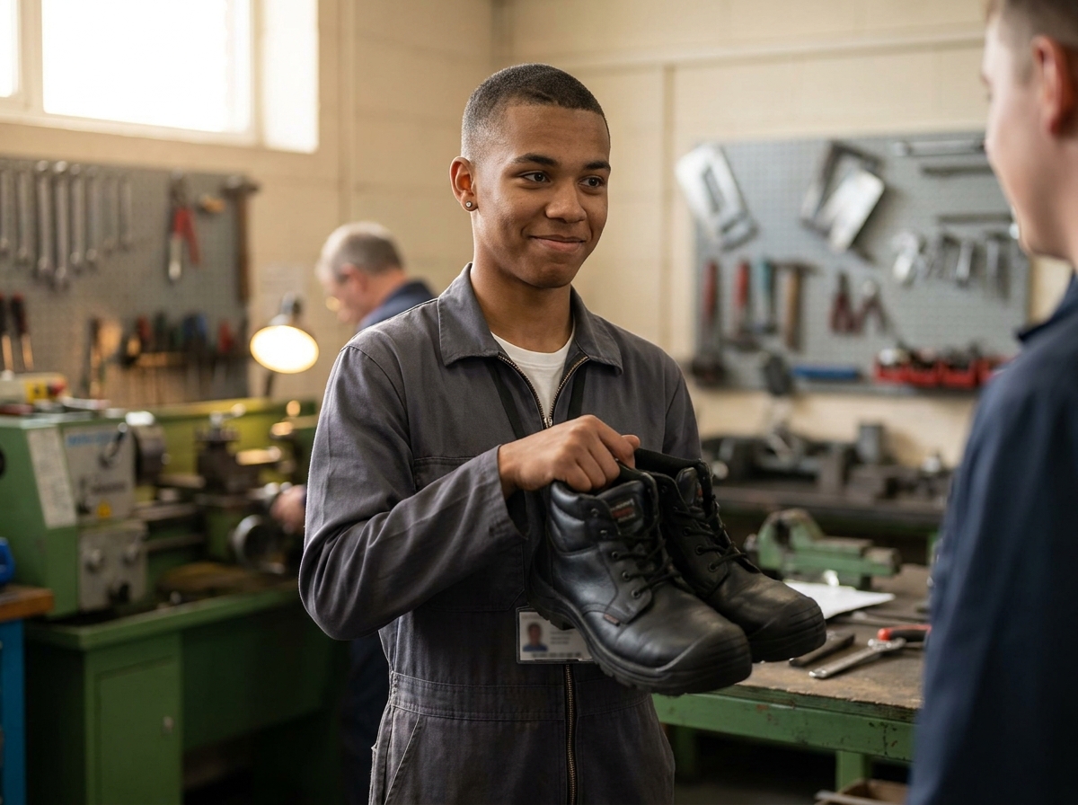A young apprentice in overalls holding new boots in front of a workshop.