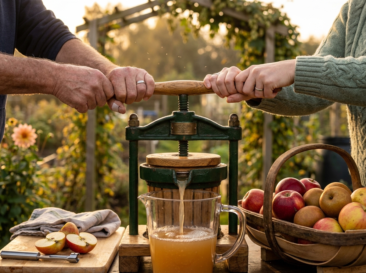 An apple press in the Trust allotment with two pairs of hands turning the handle, autumn light.