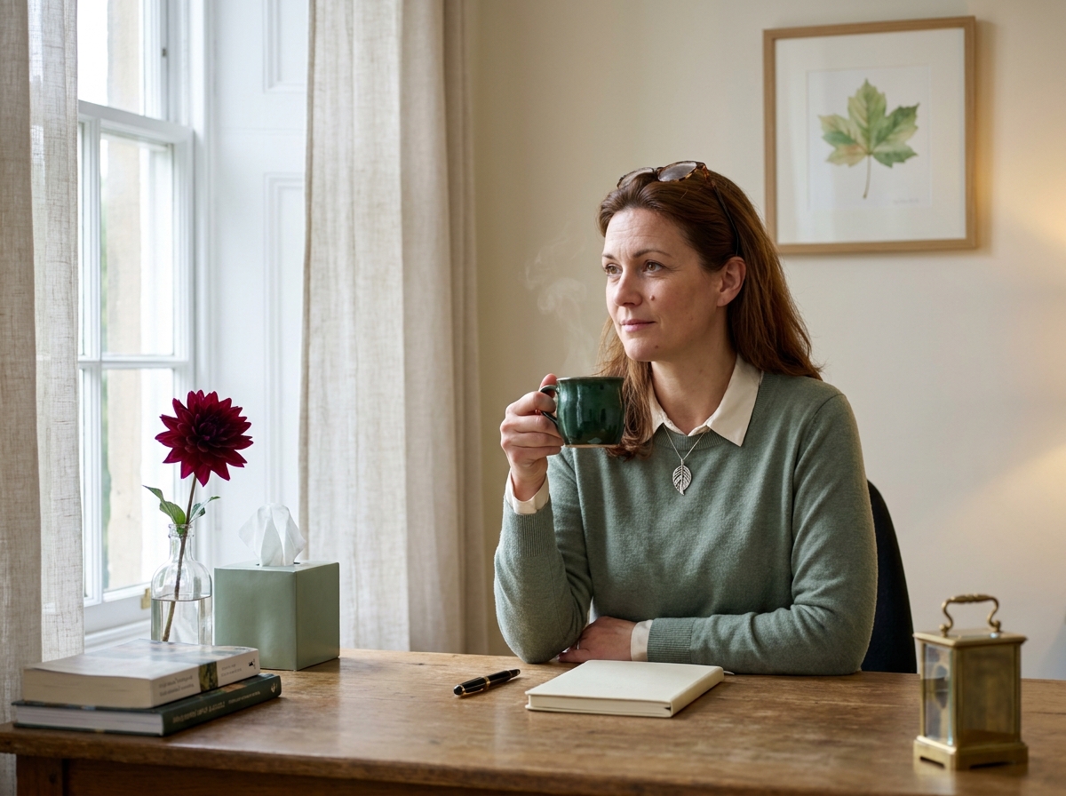 Quiet Visits counsellor a trustee at her desk with a stack of books.