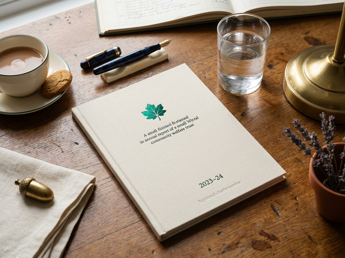A bound copy of the Trust's 2023–24 trustees' report on a wooden desk.
