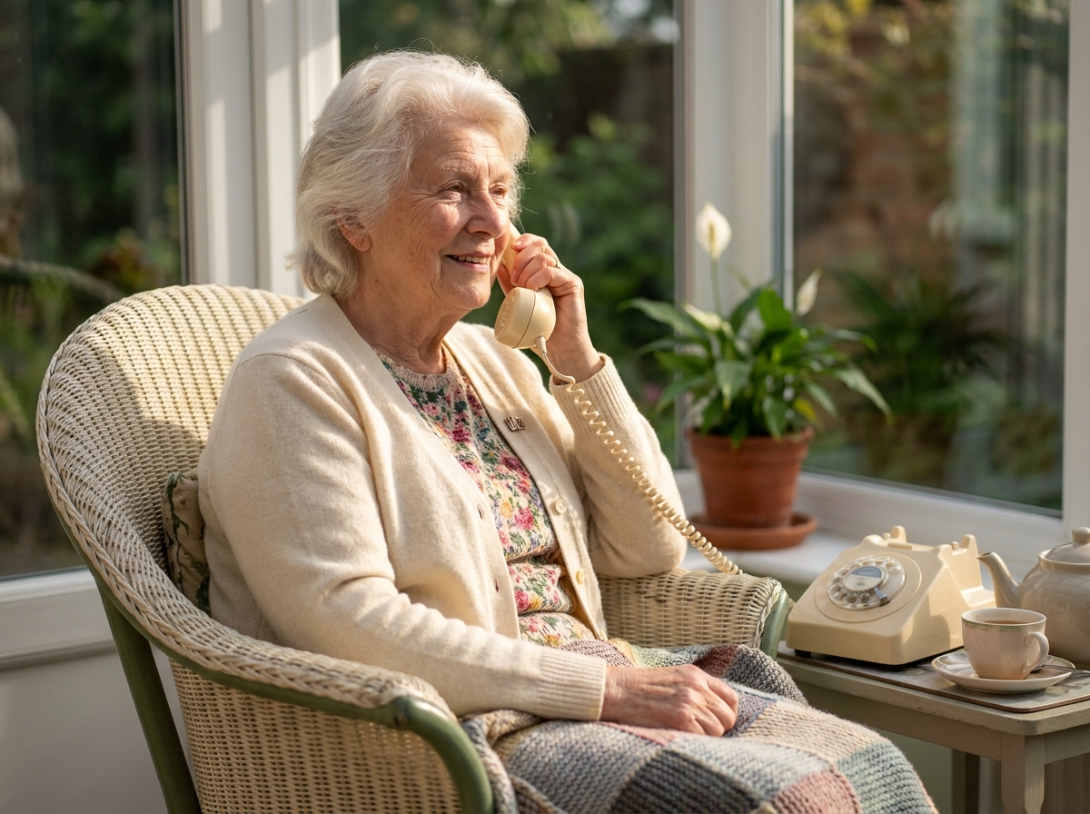 the trustees in her conservatory with a phone and a knitted blanket.