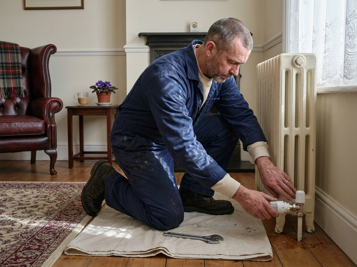 A heating engineer fitting a new radiator valve in a parishioner's home during convalescence.