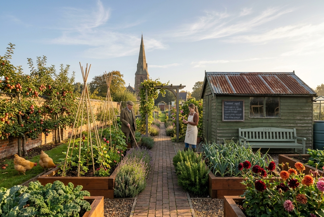A wide allotment scene at dawn — neat raised beds, runner beans on bamboo wigwams, an apple tree in late blossom, and the spire of St Peter & St Paul's, Eastham in the distance.