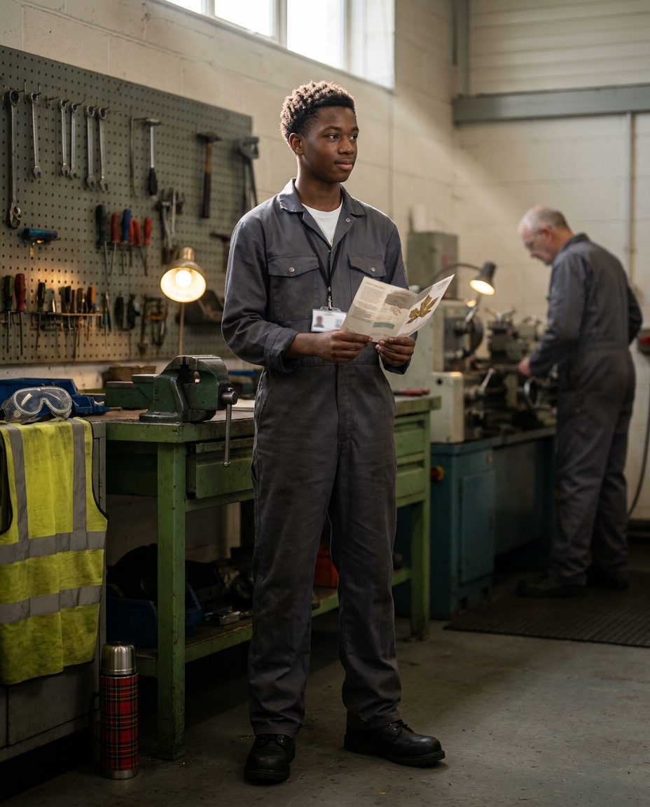 A young apprentice in a workshop holding a pair of new black safety boots, soft morning light, sparks from a distant grinder out of focus.