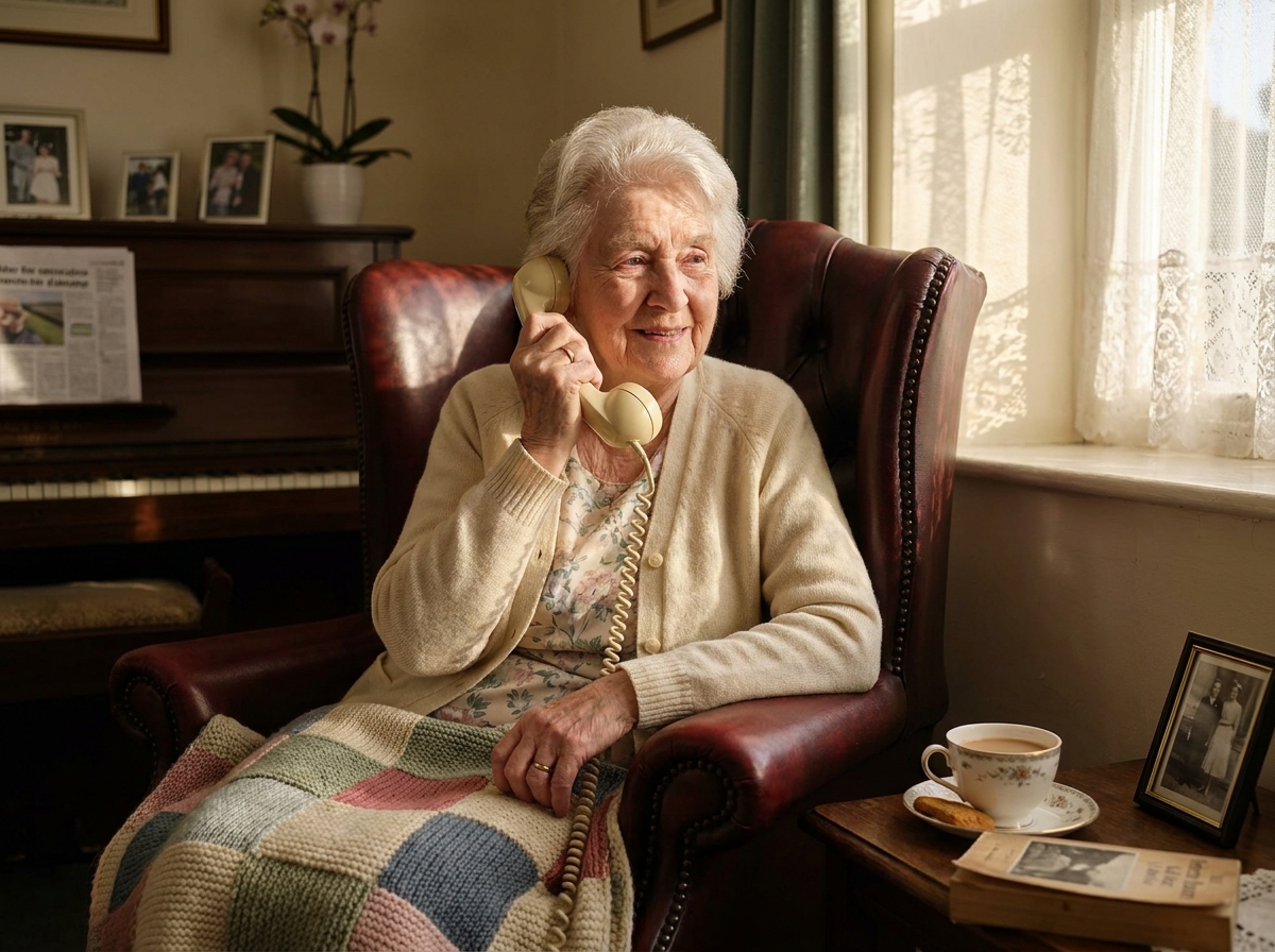 An older woman sitting in a soft armchair with a corded telephone, smiling gently, with a knitted blanket and a window with the late afternoon afternoon light.