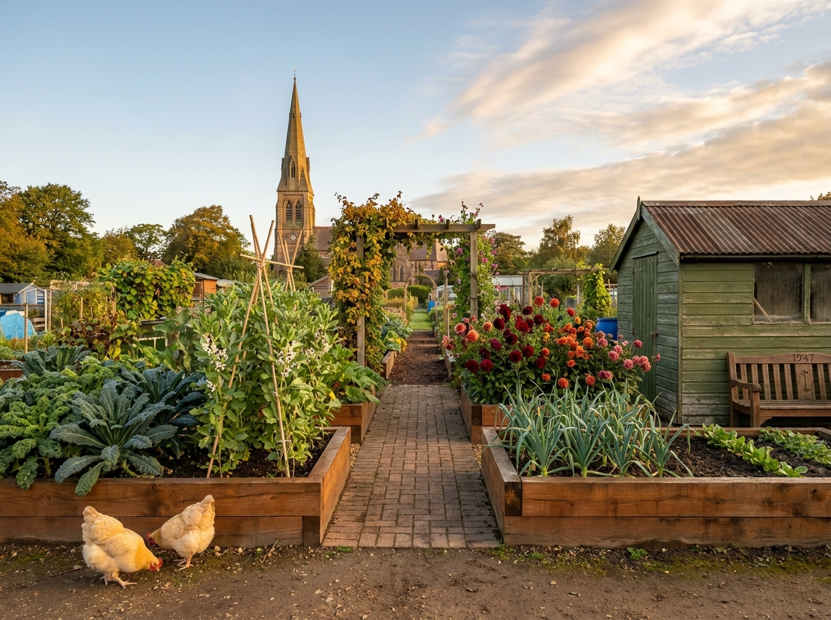 A neat parish garden with raised beds tended by a volunteer on behalf of a parishioner who is infirm.