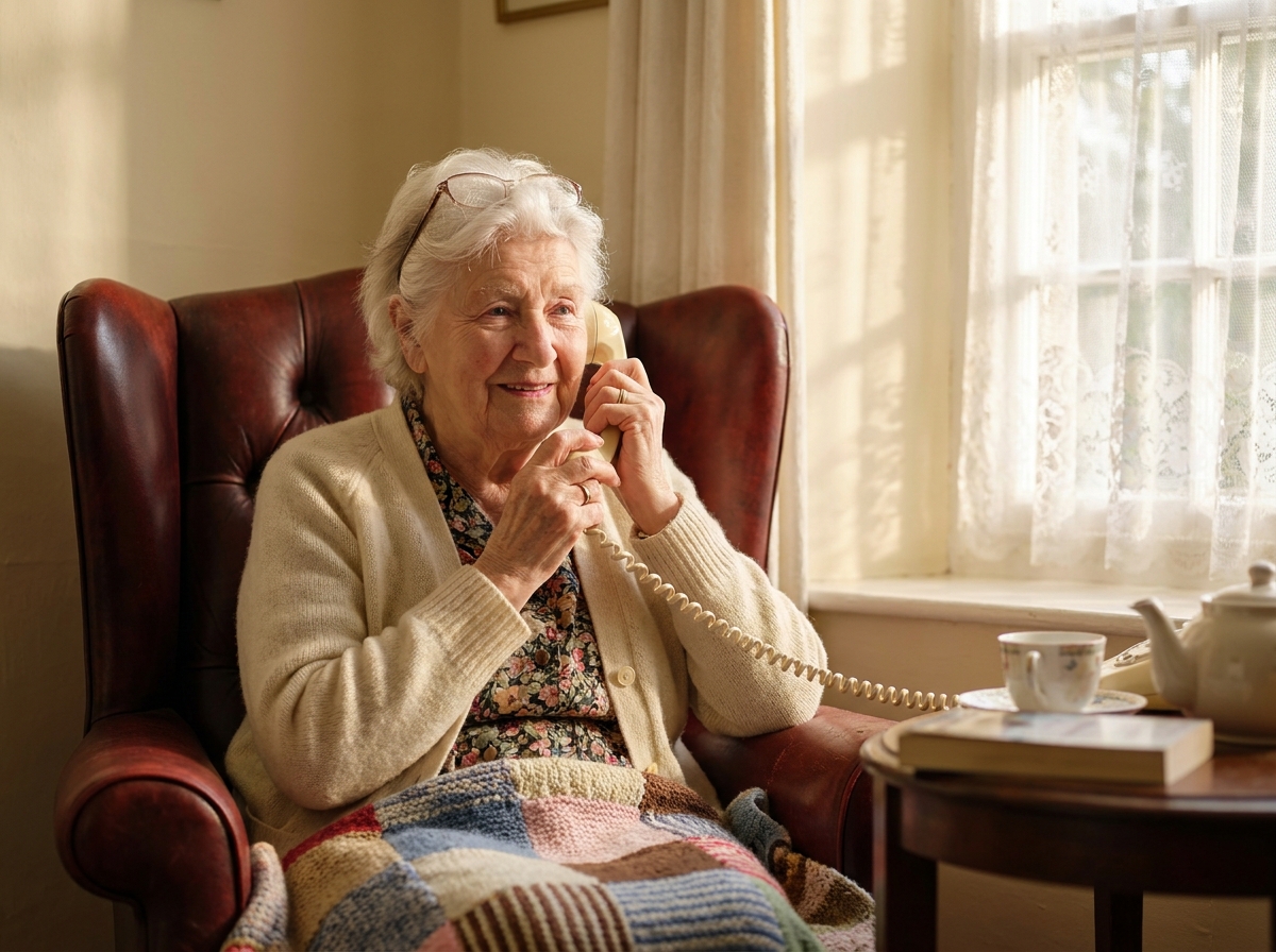 An older parishioner answering a corded telephone during a friendly check-in call from a trustee.
