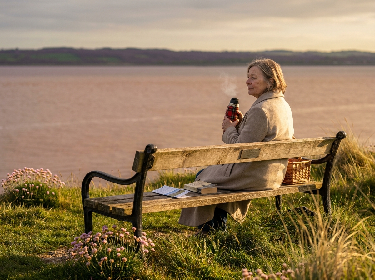 A carer resting on a bench in the parish with a thermos, supported by a small Carer Relief grant.