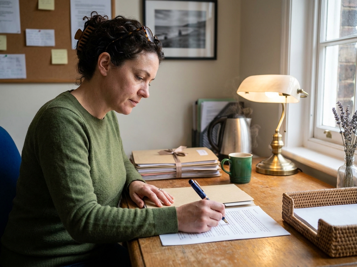 A trustee at a desk with manila folders and a fountain pen, reviewing a small case of need.
