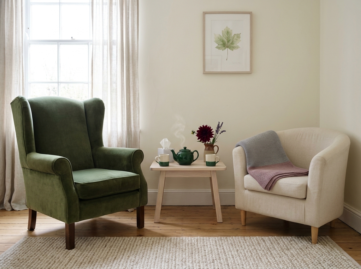 Two soft armchairs and a low table with a teapot in a quiet room where a trustee sits with a recovering parishioner.