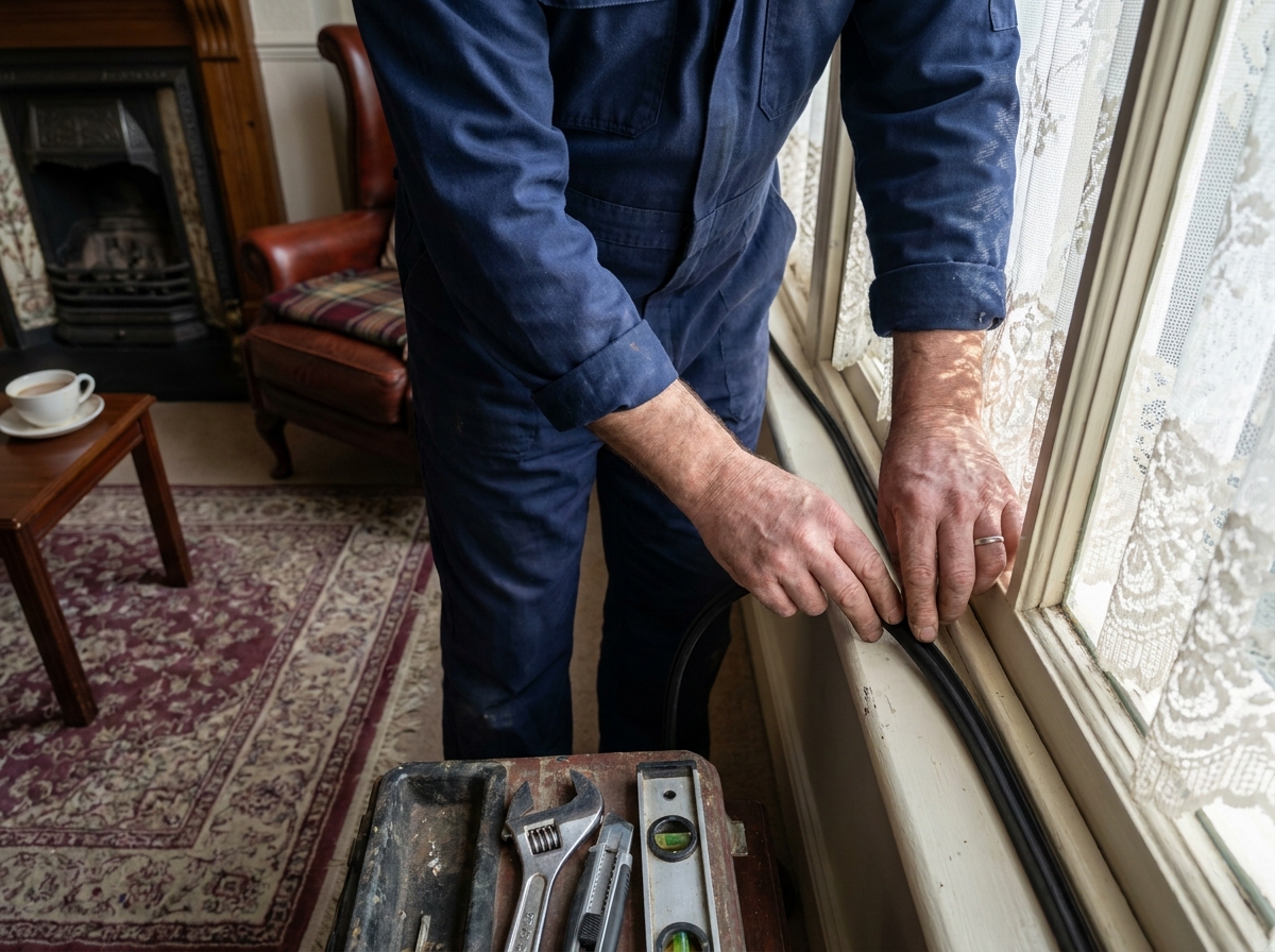 An engineer fitting draught-proofing in a parlour to help a convalescing parishioner stay warm at home.