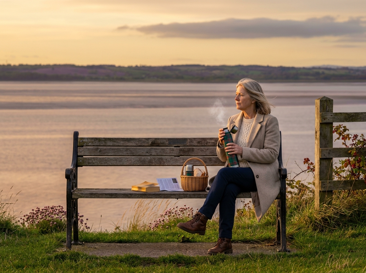 A carer sitting on a coastal bench at the parish common looking out at the Teme, holding a thermos and a paperback, an empty bench beside them.