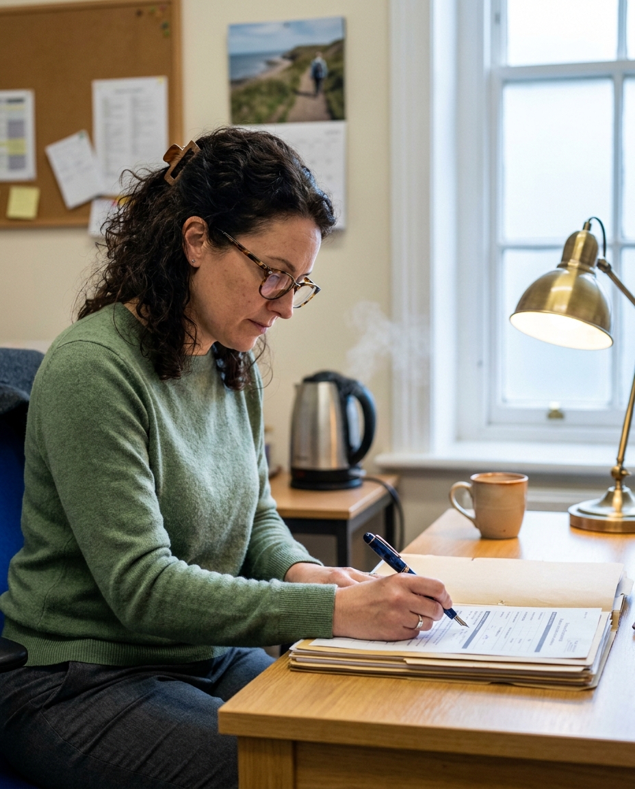 A Trust caseworker at a wooden desk with a kettle, a soft jumper, a stack of beige folders and a sheaf of correspondence open in front of her.