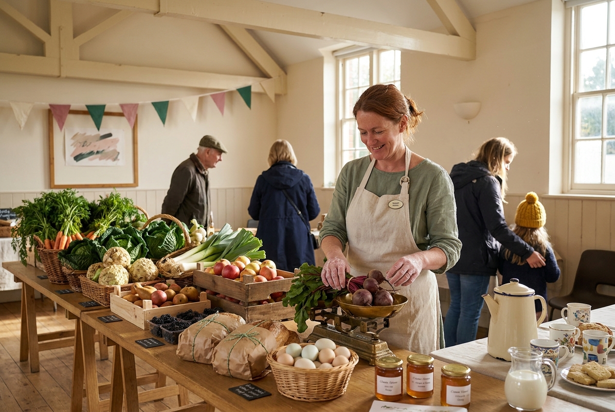 The interior of Eastham Village Hall set up as the Practical Recovery Aid programme, with crates of carrots and apples, hand-written chalkboard signs, and a volunteer in a cream apron.