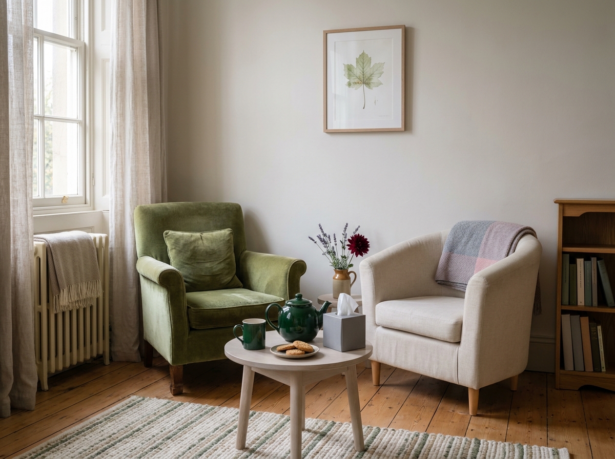 A sunlit room with two soft armchairs, a sycamore-leaf print on the wall, a low table with a teapot and a box of tissues.