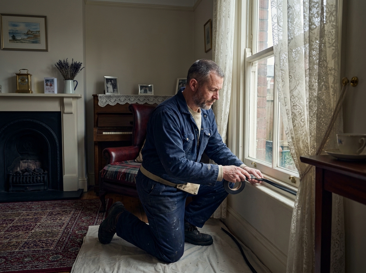 A heating engineer fitting a draught strip to a Victorian sash window in a Tenbury terrace, soft winter light through a lace curtain.