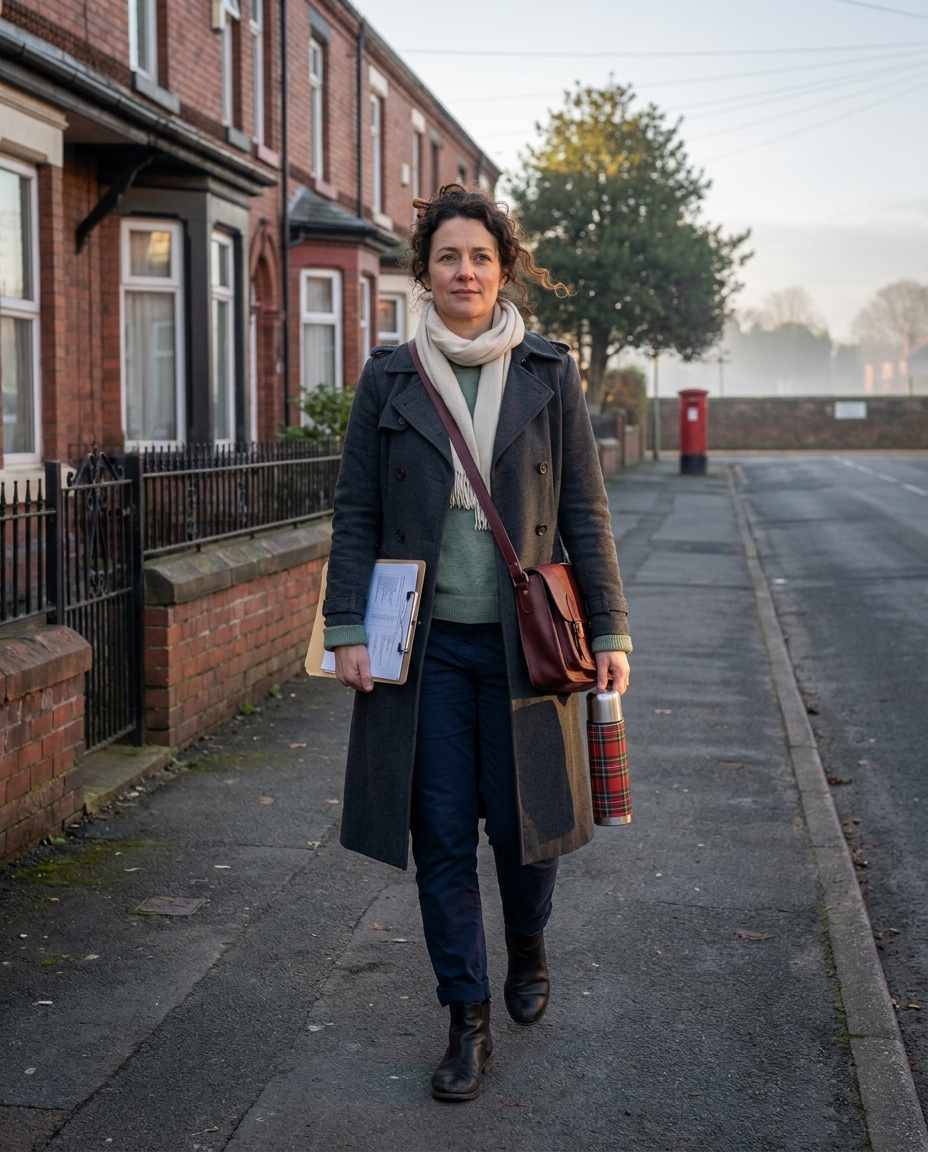 A trustee walking along the lane towards a row of cottages in the parish of Eastham, holding a notebook and a thermos.