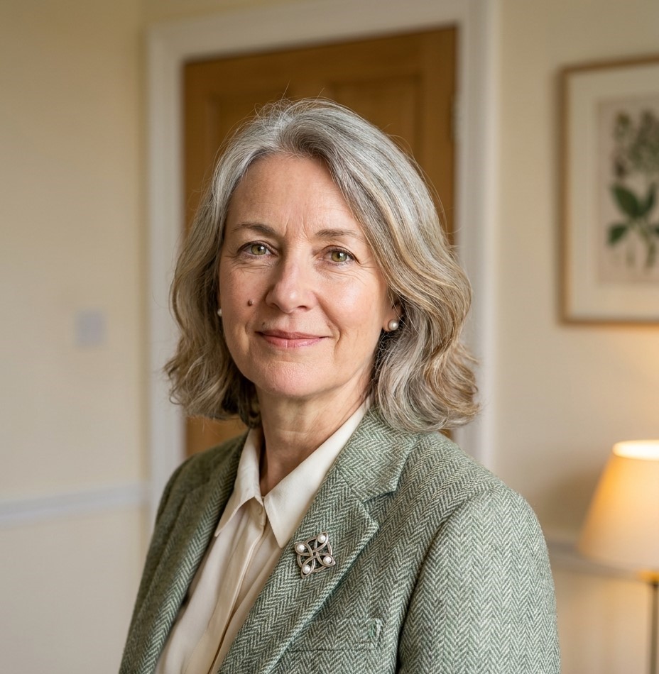 Portrait of Trustee Jane Anne Yarnold in a tweed jacket against a cream wall.
