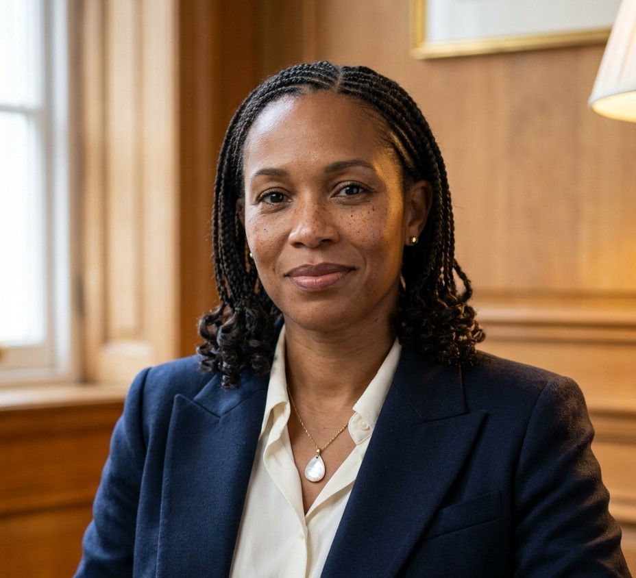 Portrait of Trustee Jennifer Anne Barbe in a tailored navy jacket against a panelled background.