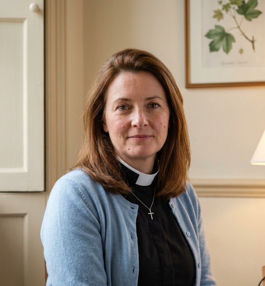 Portrait of Rev Julia Curtis, Chair of Trustees, wearing a clerical collar and a pale blue cardigan.