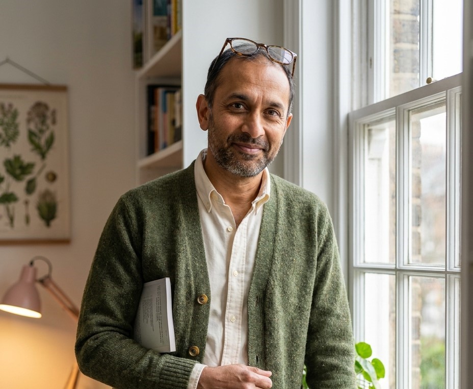 Portrait of Trustee Dr Ravi Mehta in a cardigan beside a window full of pot plants.
