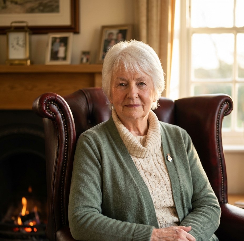 Portrait of Trustee Pauline Briggs, an older woman with white hair and a sage-green cardigan, smiling.